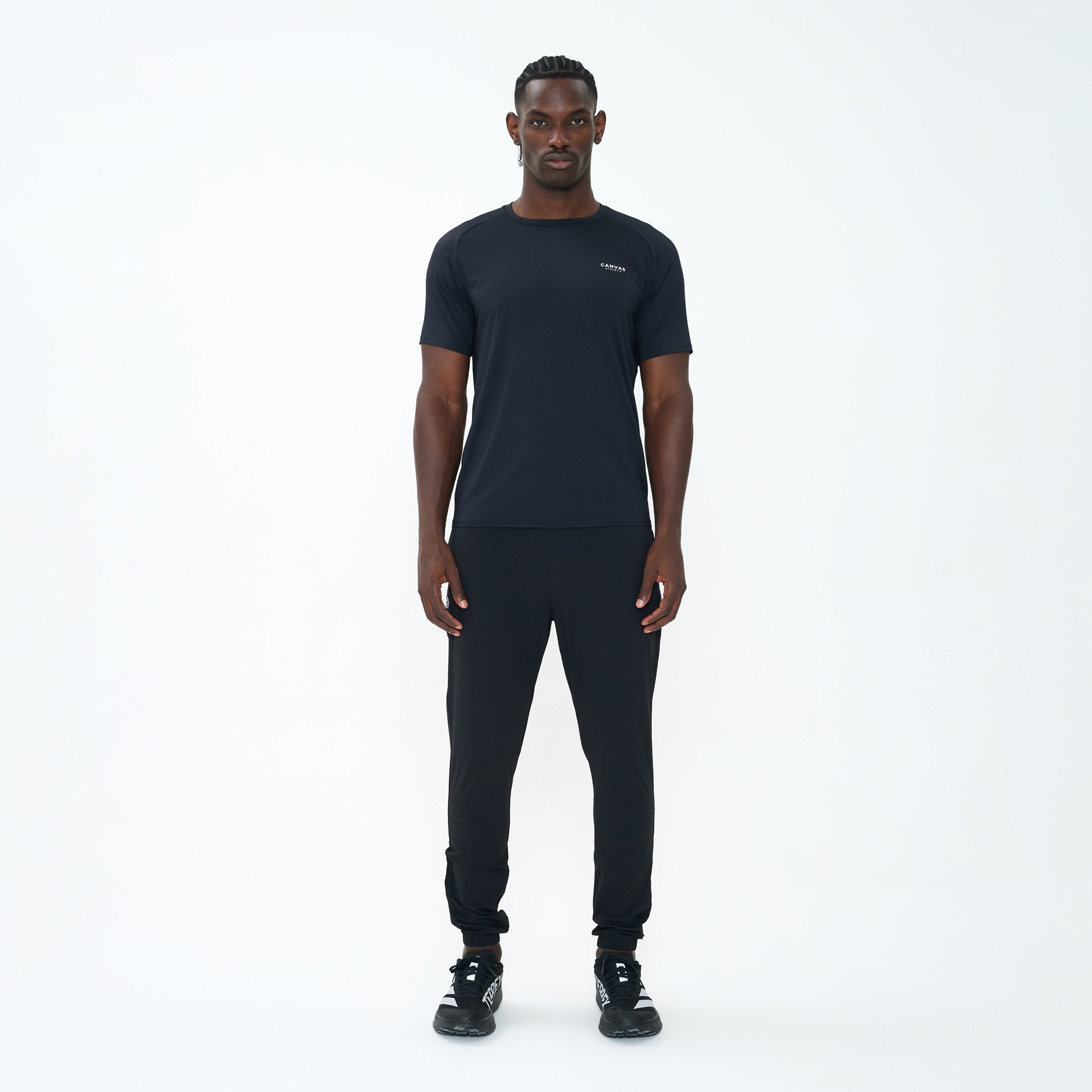 Canvas Athletic Track Pants in black, front view