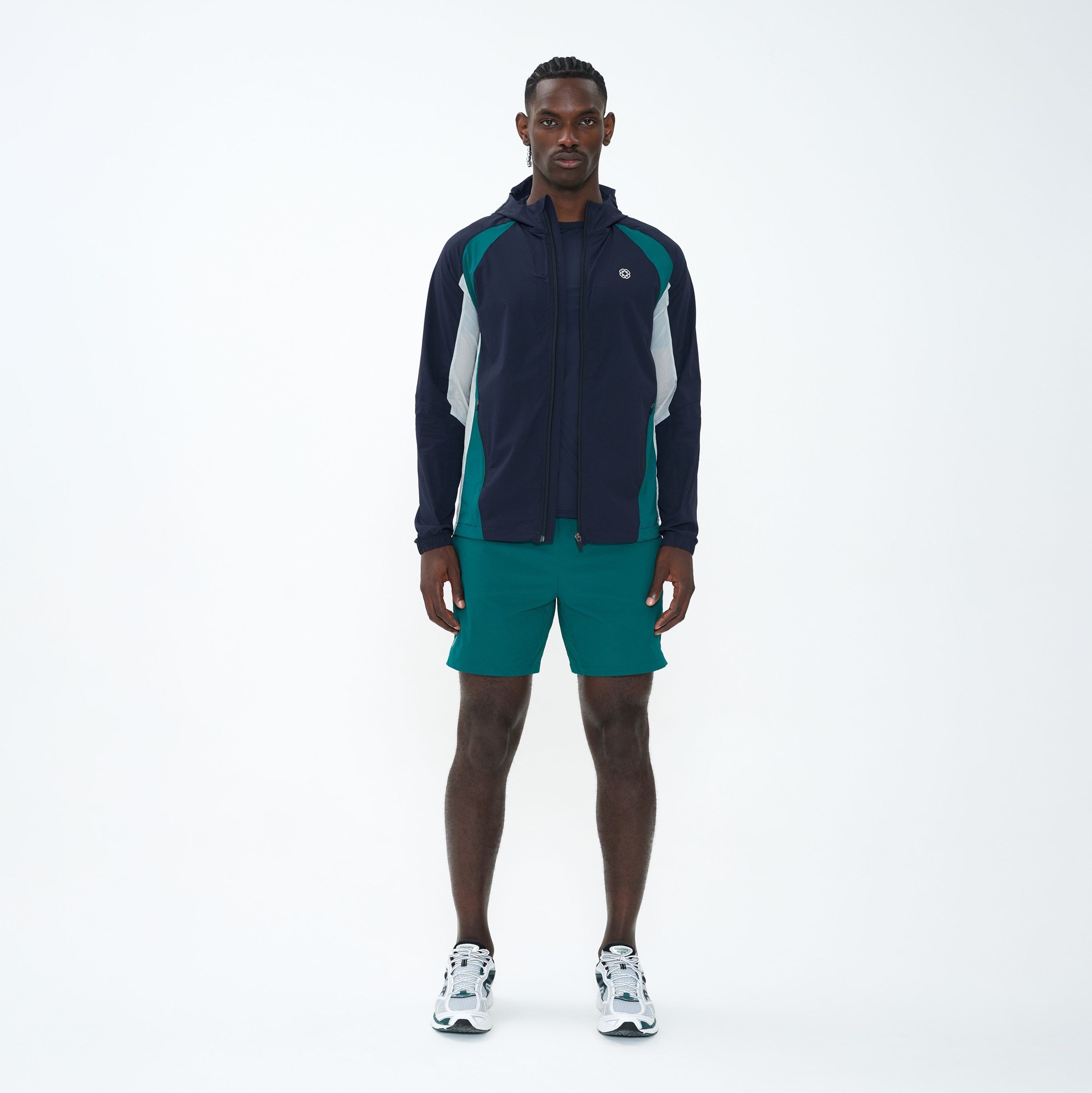 Canvas Athletic Track Panel Windbreaker in navy/green/bone, front view