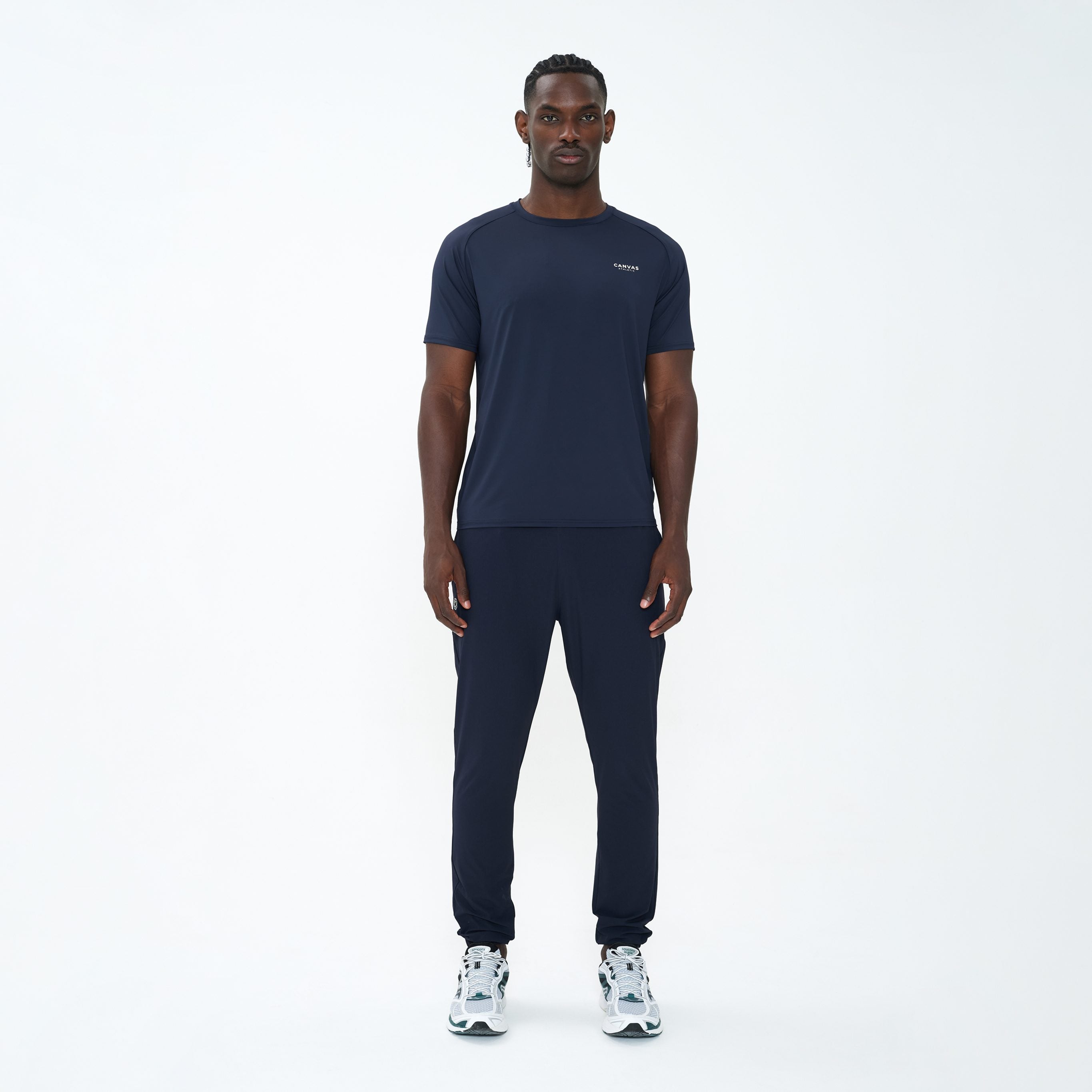 Canvas Athletic Track Pants in navy, front view