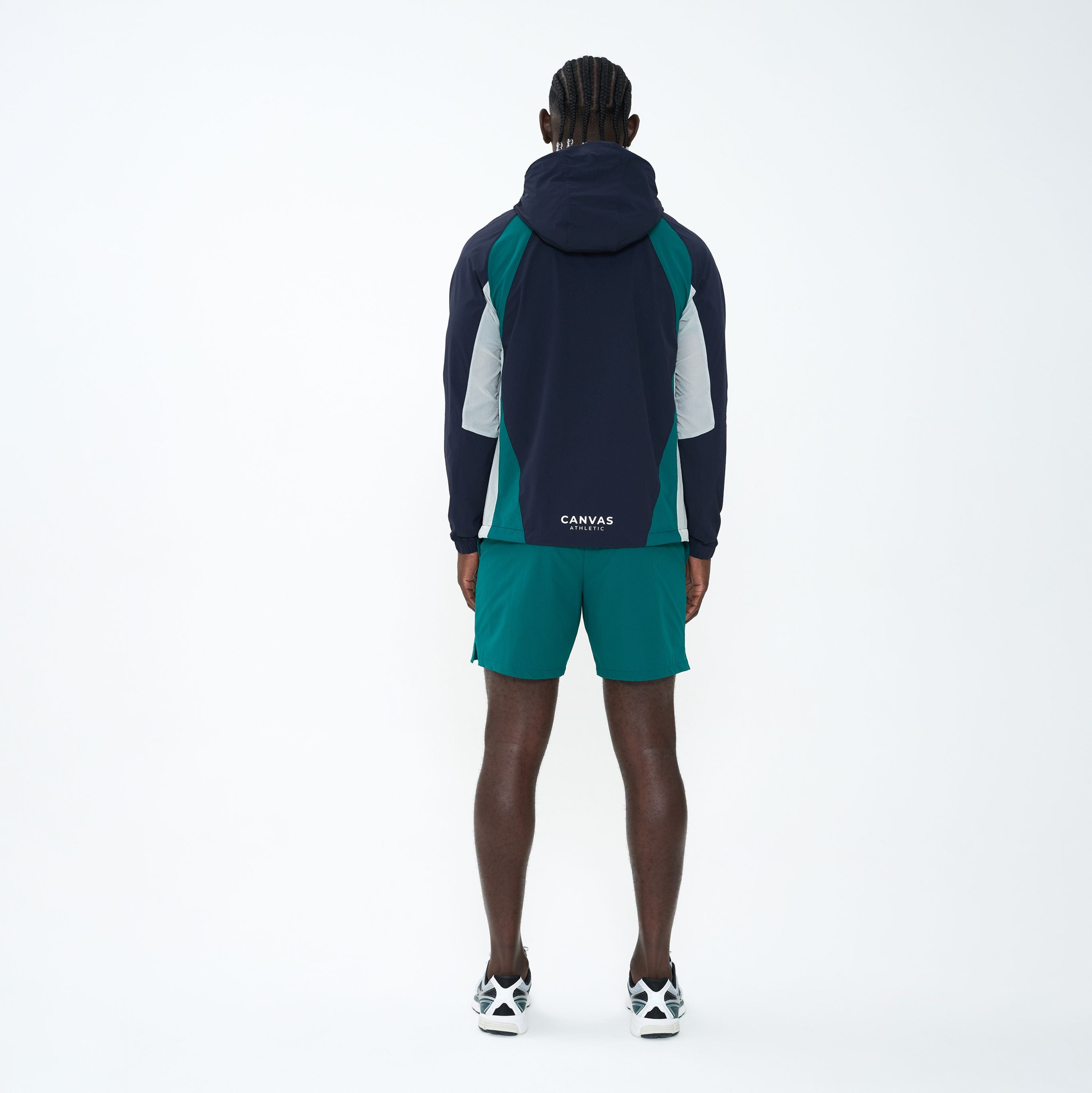 Canvas Athletic Track Panel Windbreaker in navy/green/bone, view 3